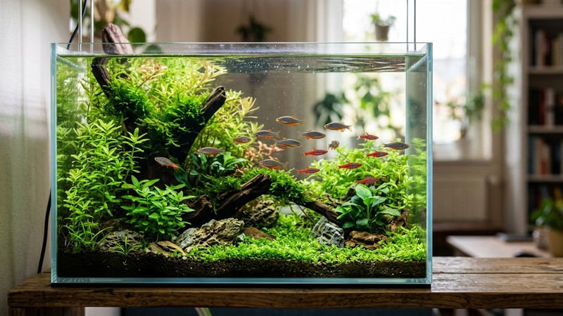 un nano acuario plantado con un pequeño grupo de nano peces diminutos y coloridos nadando entre las plantas, agua cristalina y vegetacion verde exuberante