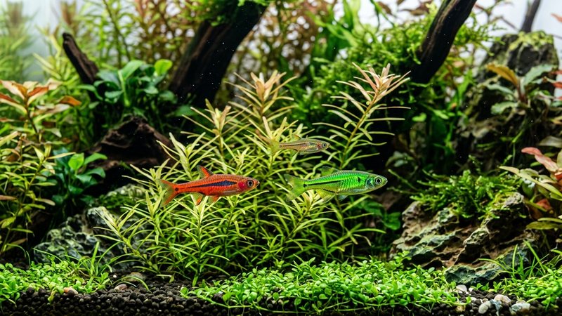 dos o tres nano peces coloridos en primer plano entre plantas acuaticas de hoja fina, en un nano acuario limpio y bien iluminado, colores vivos y realistas