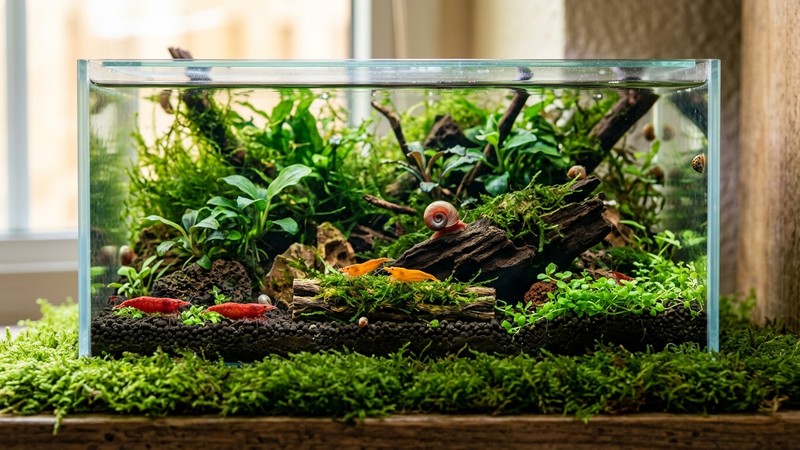 un nano acuario de gambas y caracoles sobre un tapiz de musgo verde, con gambas Neocaridina de color rojo y naranja en primer plano y agua cristalina, escena diminuta y detallada