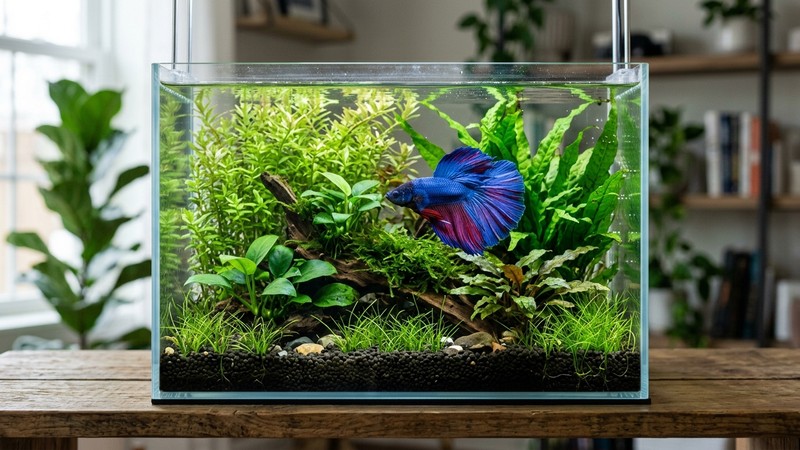 un nano acuario chico con un unico betta de aletas largas y vistosas nadando entre plantas verdes, tanque limpio y compacto, agua transparente