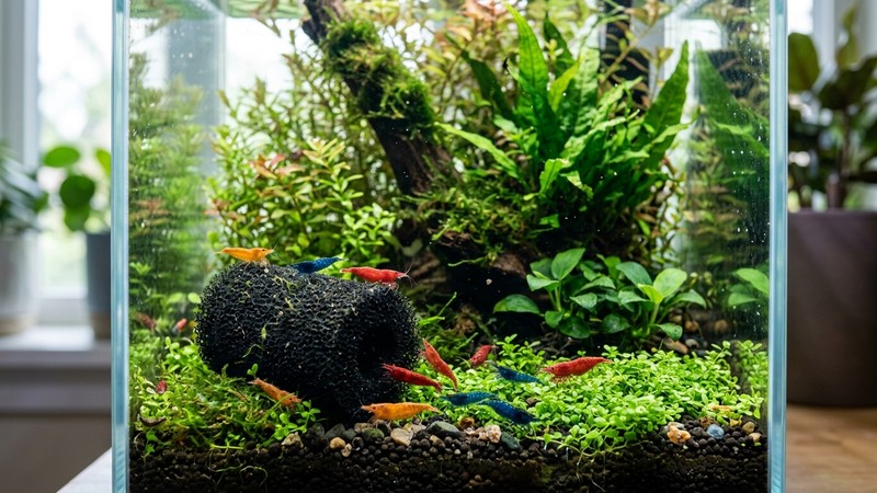 un filtro de esponja pequeño en reposo dentro de un nano acuario plantado, con unas gambas de color cerca de la esponja y plantas verdes alrededor, agua cristalina, sin manos ni tubos