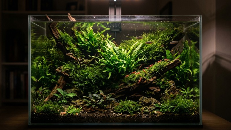 un nano acuario densamente plantado con musgos y helechos de un verde intenso, luz tenue y calida, ambiente natural y frondoso, agua limpia y transparente