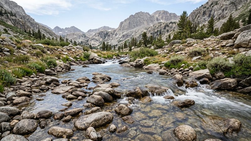 un arroyo de montaña de aguas claras con piedras redondeadas, poca vegetación y agua corriendo entre rocas bajo una luz suave de sierra