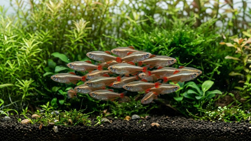 varios neones chinos jóvenes y sanos nadando muy juntos en un acuario limpio de cría, cuerpos brillantes y vigorosos, agua transparente y plantas finas al fondo