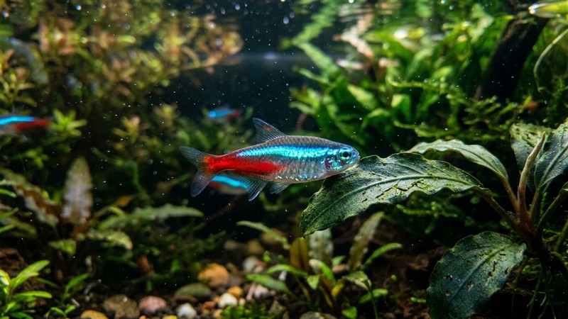 un neón chino alevín en primer plano con un brillo neón fosforescente en la línea del cuerpo, nadando cerca de una hoja verde en un acuario nítido