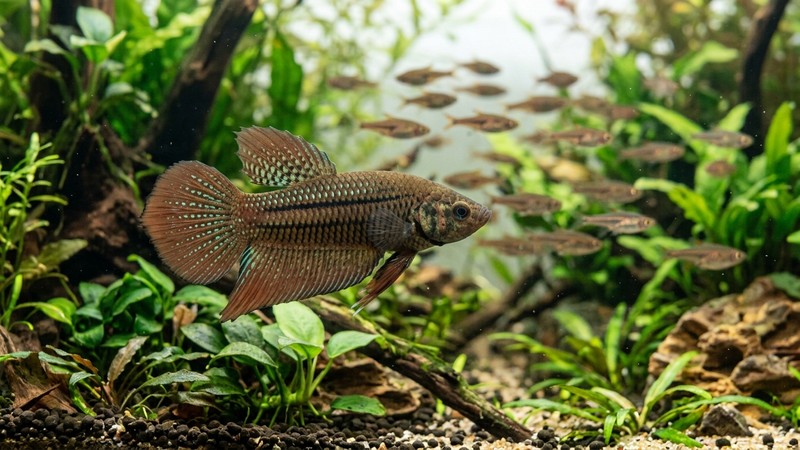 un neón chino adulto en primer plano mostrando su tono pardo elegante, la línea central marcada y las aletas rojas desplegadas, con otros peces desenfocados detrás en banco