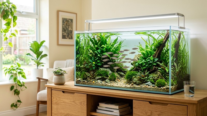 un acuario de agua fría montado sobre un mueble sin calentador visible, agua cristalina, plantas verdes y un pequeño cardumen de neones chinos, ambiente doméstico luminoso