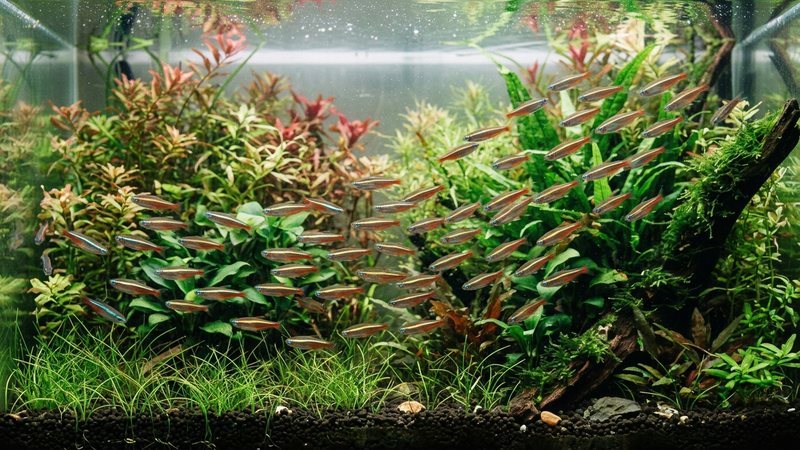 un grupo de neones chinos en pleno movimiento por la zona media de un acuario plantado, algunos subiendo y otros bajando entre las plantas, estela de dinamismo