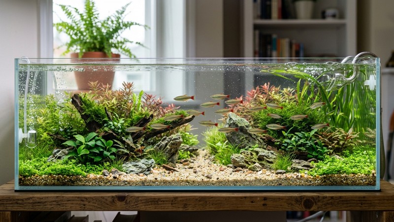 un nano acuario alargado y bien plantado con grava fina, un par de rocas y un cardumen de neones chinos recorriéndolo a lo largo, agua limpia y oxigenada