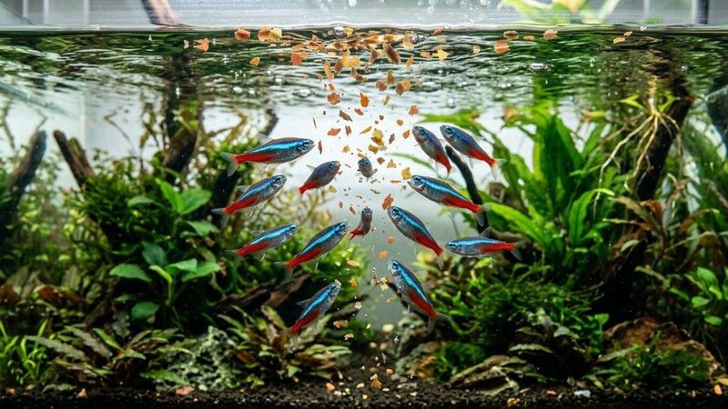 escamas de comida en hojuela cayendo sobre la superficie de un acuario mientras varios neones chinos suben a comer, agua clara y plantas al fondo
