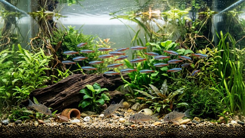 un acuario comunitario de agua templada con neones chinos nadando en la zona media y corydoras explorando el fondo de grava entre plantas verdes