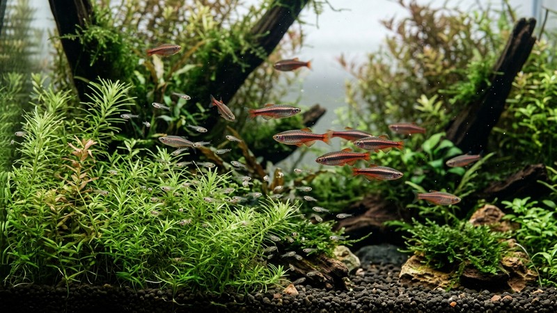 un acuario de cría plantado con matas de hoja fina donde nadan alevines diminutos de neón chino junto a algunos adultos, agua muy limpia y luz suave