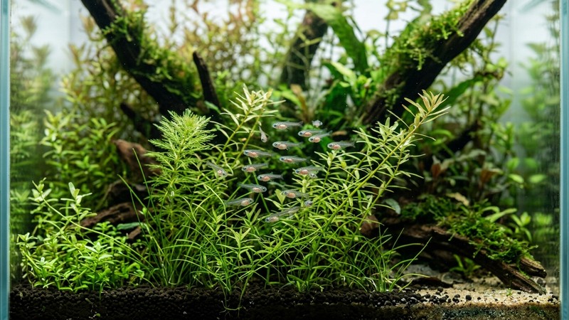 crías de neón chino recién crecidas nadando entre plantas finas y sanas en un acuario cristalino, ejemplares pequeños y vigorosos bien desarrollados