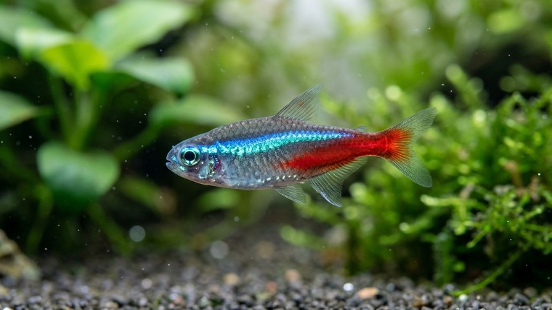 un primer plano de un tetra neón mostrando la línea azul iridiscente que recorre su cuerpo hasta la cola en agua limpia