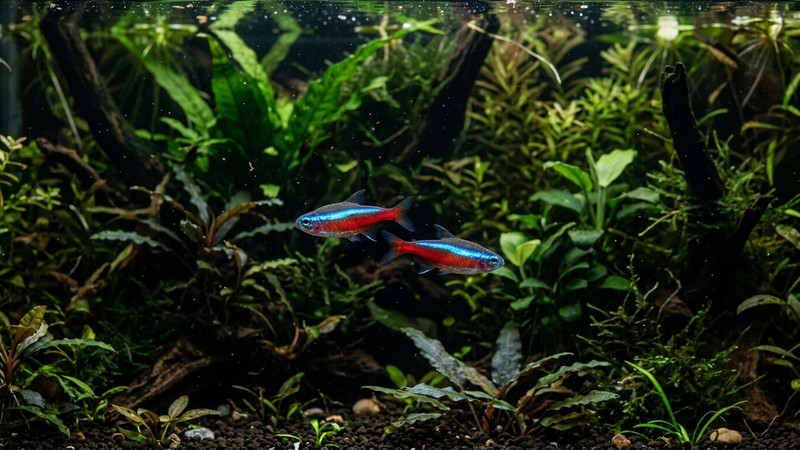 dos peces pequeños de franjas azul y roja nadando juntos sobre un fondo oscuro plantado de un acuario