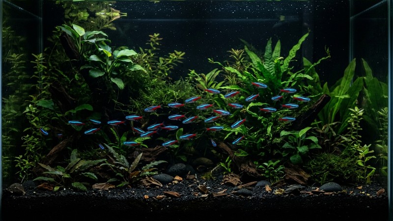 tetras neón encendidos de color sobre un sustrato negro en un acuario muy plantado y de luz tenue
