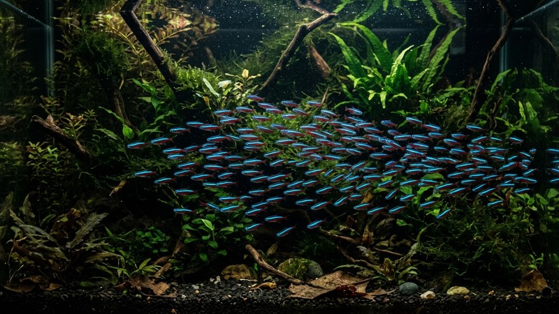 un cardumen numeroso de tetras neón nadando coordinado en la zona media de un acuario plantado oscuro
