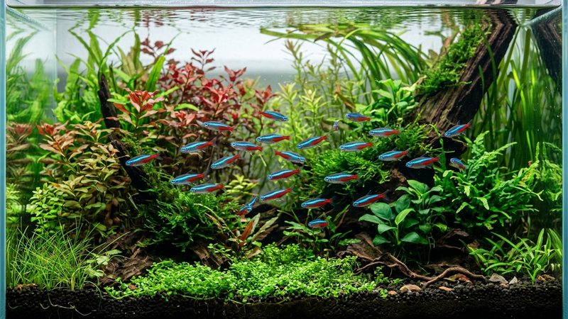 tetras neón sanos y vigorosos nadando en un acuario plantado de aguas frescas y cristalinas