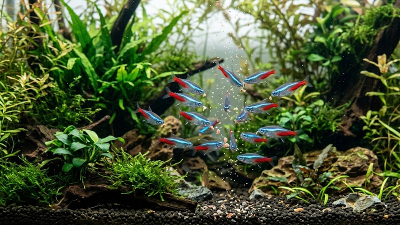 tetras neón comiendo pequeñas partículas de alimento que caen lentamente a media agua en un acuario plantado