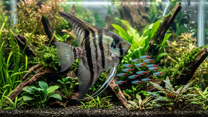 un pez ángel adulto grande junto a tetras neón diminutos en un mismo acuario plantado, mostrando la enorme diferencia de tamaño
