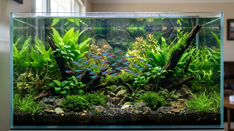 un acuario comunitario equilibrado con un cardumen de tetras neón y corydoras en el fondo entre plantas verdes