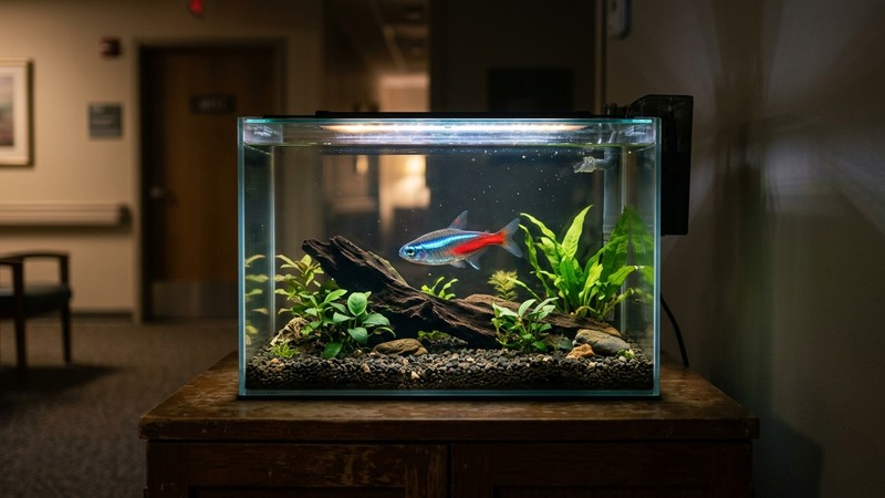 un pequeño acuario hospital limpio y en penumbra con un solo tetra neón nadando en agua cristalina