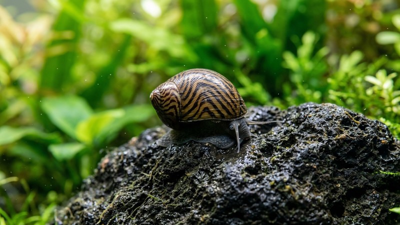 un caracol nerita sobre una roca oscura dentro de un acuario de agua dulce muy limpia, con la concha ovalada resistente bien enfocada y plantas verdes desenfocadas al fondo