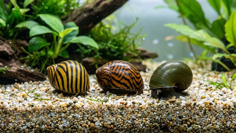 tres caracoles nerita de variedades distintas juntos, uno cebra dorado con rayas, uno atigrado y uno oliva liso oscuro, sobre grava clara de un acuario cristalino