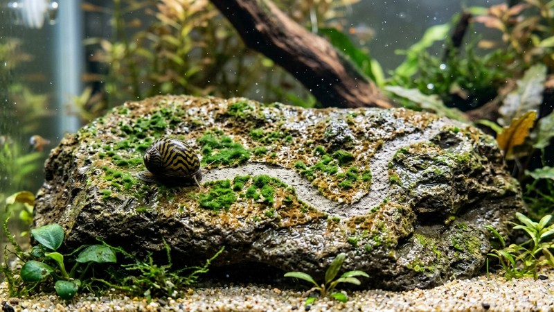 una roca de acuario cubierta parcialmente de alga verde punto y diatomea marrón, con un caracol nerita dejando un rastro limpio a su paso sobre la piedra