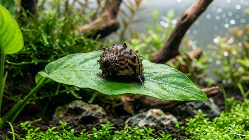 un caracol nerita cornuta con pequeños cuernos en el borde de su concha, en primer plano macro sobre una hoja verde ancha dentro de un acuario plantado y cristalino