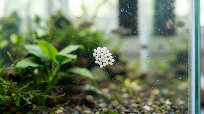 un detalle macro del cristal de un acuario con varios pequeños huevos blancos ovalados de nerita pegados a la superficie, agua limpia y transparente alrededor