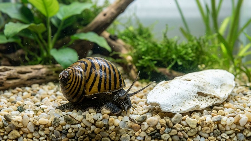 un caracol nerita tigre de concha sana y brillante sobre un fondo de grava clara con un hueso de sepia blanco apoyado cerca, en un acuario de agua cristalina