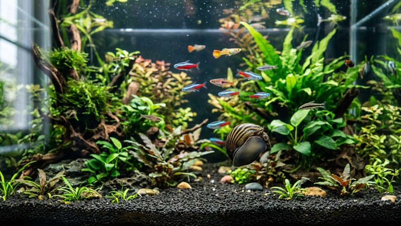 un acuario comunitario tropical plantado, cristal limpio, agua cristalina y peces pequeños de colores al fondo, con un caracol nerita cebra en el vidrio en primer plano