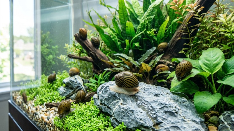 varios caracoles nerita repartidos por un acuario plantado grande de agua cristalina, sobre rocas y decoración limpias sin rastro de algas