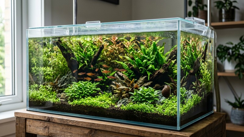 un acuario plantado bien cuidado con una tapa de cristal ligeramente entreabierta dejando un dedo de aire, agua cristalina y un caracol nerita trepando por el vidrio interior