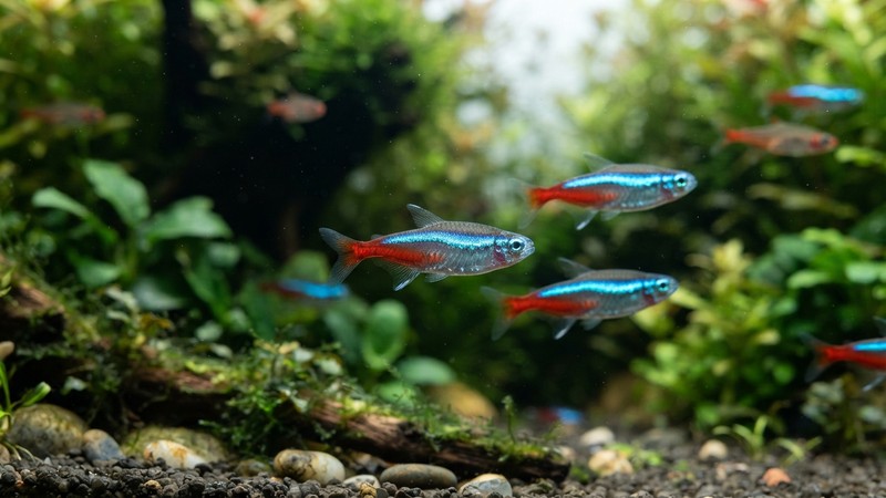un primer plano de peces pequeños de colores vivos y saludables nadando en un acuario de agua muy cristalina, con plantas verdes desenfocadas al fondo, mostrando su vitalidad y buen estado