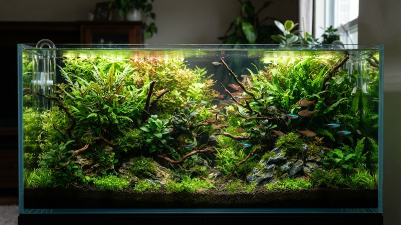 un acuario plantado exuberante con plantas verdes sanas de distintas formas, hojas frescas y brillantes, peces pequeños entre la vegetación, agua muy cristalina y vibrante