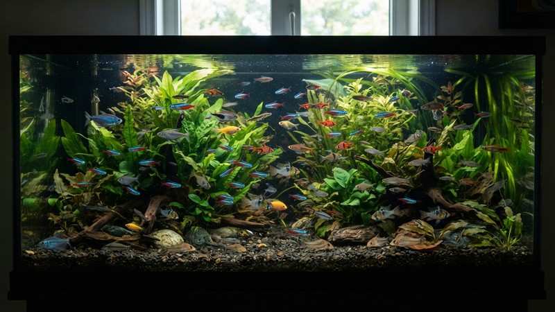 un acuario comunitario densamente poblado de peces de colores nadando entre plantas, agua cristalina, grava oscura en el fondo, vista frontal amplia que muestra muchos peces sanos conviviendo