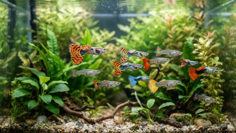 un grupo de guppys de colas coloridas y brillantes nadando en un acuario de agua limpia y cristalina, fondo de plantas verdes suaves, mostrando peces vigorosos y saludables