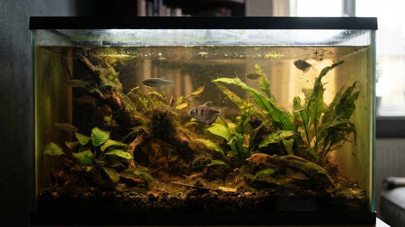 un acuario con algas verdes cubriendo levemente el vidrio y algunas hojas, contrastando con peces de colores algo apagados, agua ligeramente turbia que sugiere agua vieja y descuidada, sin suciedad extrema