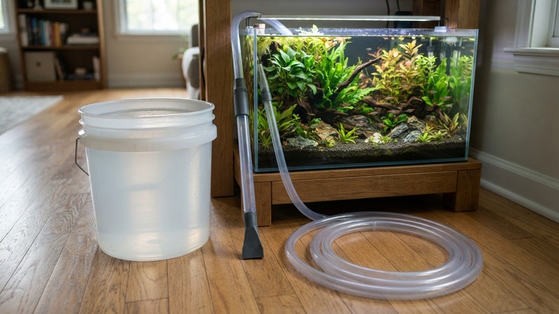una cubeta limpia llena de agua transparente apoyada en el suelo junto a un acuario plantado cristalino, un sifón de grava y una manguera enrollada en reposo al lado, todo ordenado y sin manos