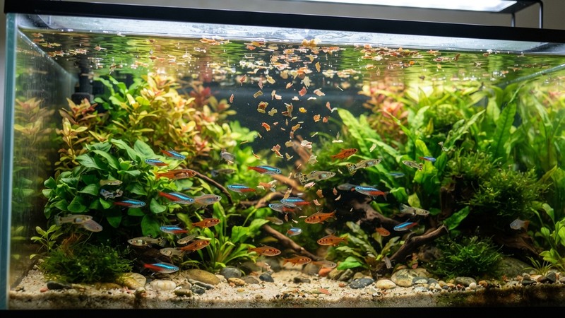 una vista detallada de la superficie del agua de un acuario con peces pequeños debajo, escamas de comida seca cayendo sobre la superficie y flotando, plantas verdes alrededor, ambiente cálido y limpio