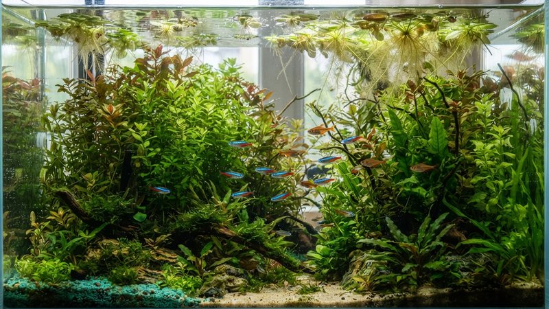 un acuario plantado con plantas de crecimiento rápido de tallo verde y plantas flotantes en la superficie, densa vegetación sana, peces pequeños entre las hojas, agua muy cristalina