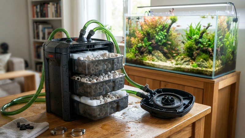 un filtro exterior de acuario abierto sobre una mesa mostrando material filtrante biológico poroso de cerámica blanca en cestas, limpio y ordenado, con un acuario plantado cristalino al fondo