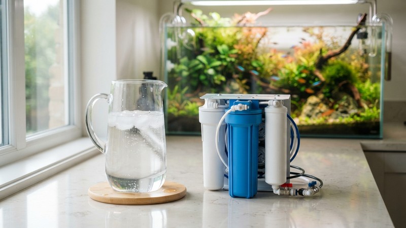 una jarra de vidrio con agua transparente de ósmosis junto a un pequeño equipo de filtración de ósmosis con membranas azules en reposo sobre una encimera clara, y un acuario plantado sano y cristalino desenfocado al fondo
