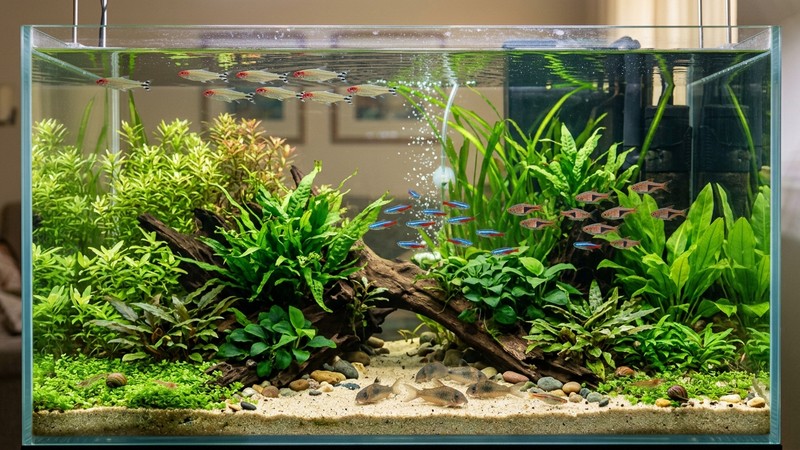 un acuario comunitario plantado y equilibrado por niveles, plano general de frente, con peces repartidos a distintas alturas: unos cerca de la superficie, un cardumen en la media agua y algunos peces apoyados sobre la arena del fondo, agua cristalina, plantas verdes y sanas, iluminación cálida desde arriba
