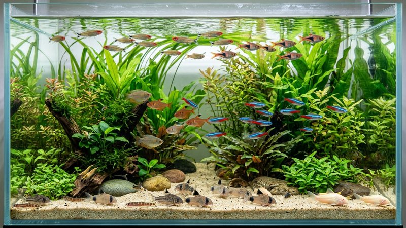 un acuario comunitario plantado visto de lado, con los peces claramente distribuidos en tres franjas de altura dentro del agua transparente, plantas frondosas al fondo y sustrato de arena clara, escena viva y ordenada de arriba abajo