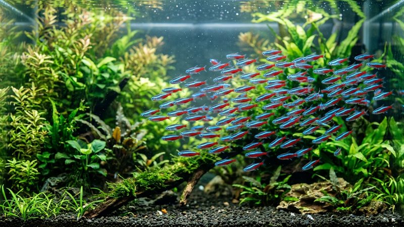 un cardumen numeroso de tetras neón de colores metálicos azul y rojo nadando juntos en la media agua de un acuario plantado, cuerpos alineados y brillantes, plantas verdes de fondo y agua transparente