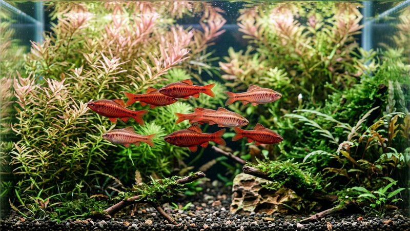 un pequeño grupo de barbos cereza de tonos rojizos nadando activos por la zona media de un acuario plantado, con plantas de hojas finas y agua clara, colores vivos pero realistas