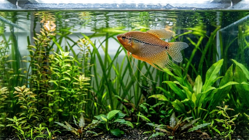 un gourami elegante de aletas largas nadando en la parte alta de la media agua, cerca de la superficie de un acuario plantado, con plantas verticales al fondo y agua cristalina iluminada desde arriba
